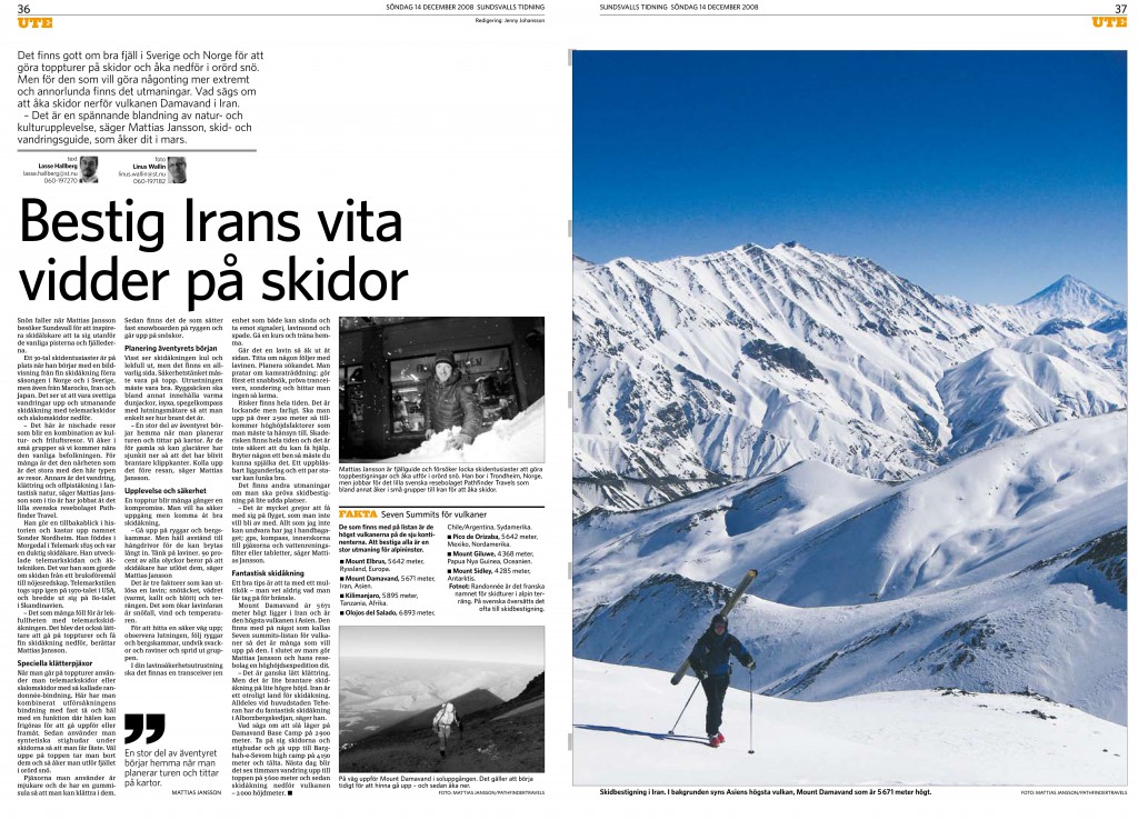 Mattias Jansson in Swedish magazine about skiclimbing in Asia. The vulcano Mt Damavand in the background.
